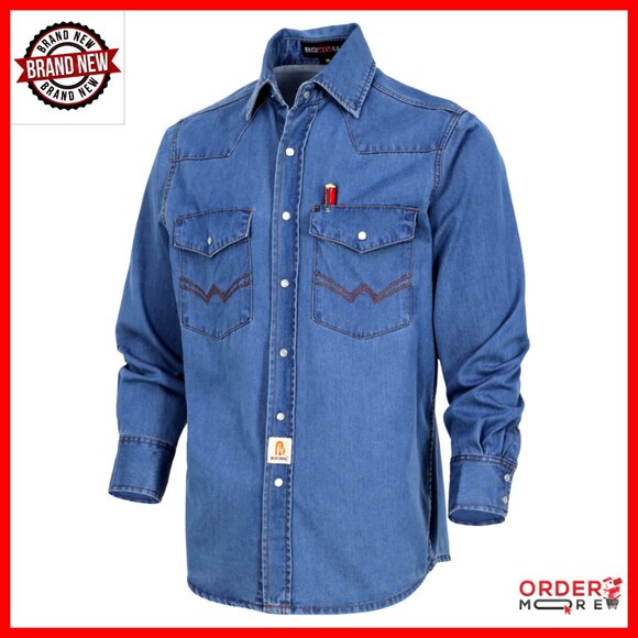 Men's Denim Work Shirt Long Sleeve Relaxed Fit Western Cowboy Cut